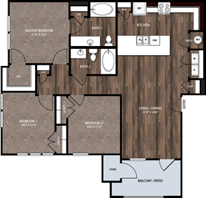 C1 - Three Bedroom / Two Bath 1189 Sq. Ft.*